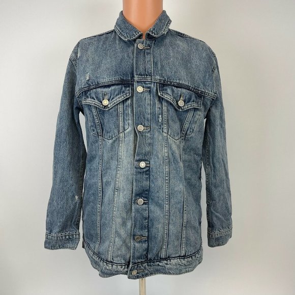 New Lucky Brand Distressed Denim Trucker Jacket Blue Womens Size S - Picture 2 of 4